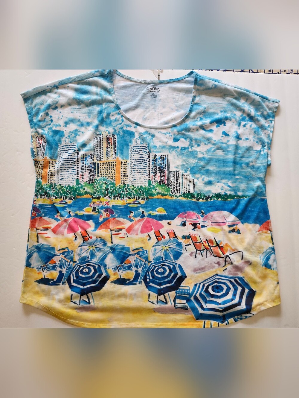 Coral Bay Vibrant Multicolor Beach Resort Skyline Print Short SL Shirt S 2XL